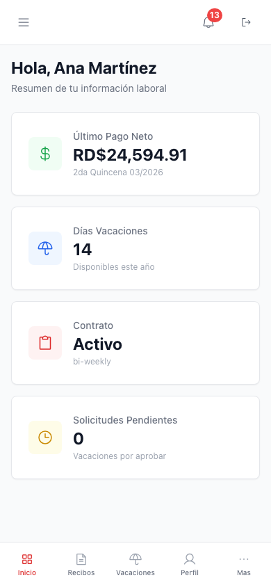 Portal del empleado: resumen con último pago, vacaciones y contrato
