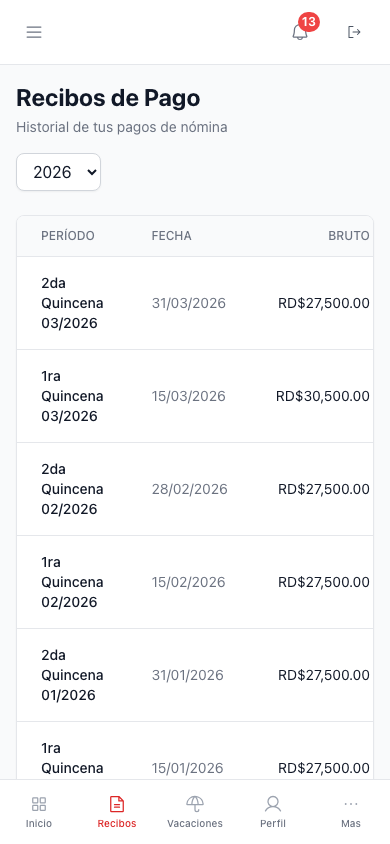 Portal del empleado: historial de recibos de pago